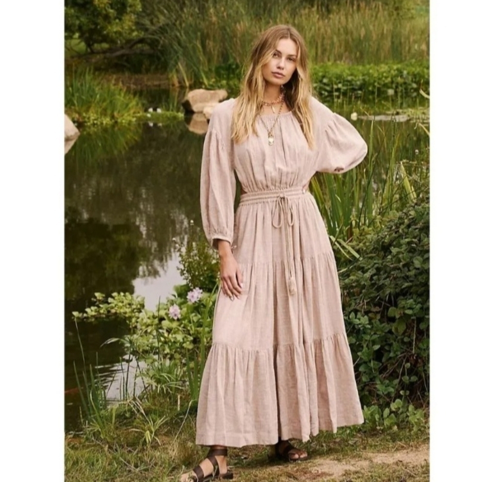 Free People Ibiza Boho Cotton Open Back Tiered Midi Dress Tan Size Medium